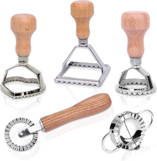 Set di stampini per ravioli con sacchetti per pasta e piccoli stampini - in legno di betulla di alta qualità e acciaio inossidabile - stampino per ravioli anche ideale per sacchetti di pasta, sacchetti di pierogi e dumplings