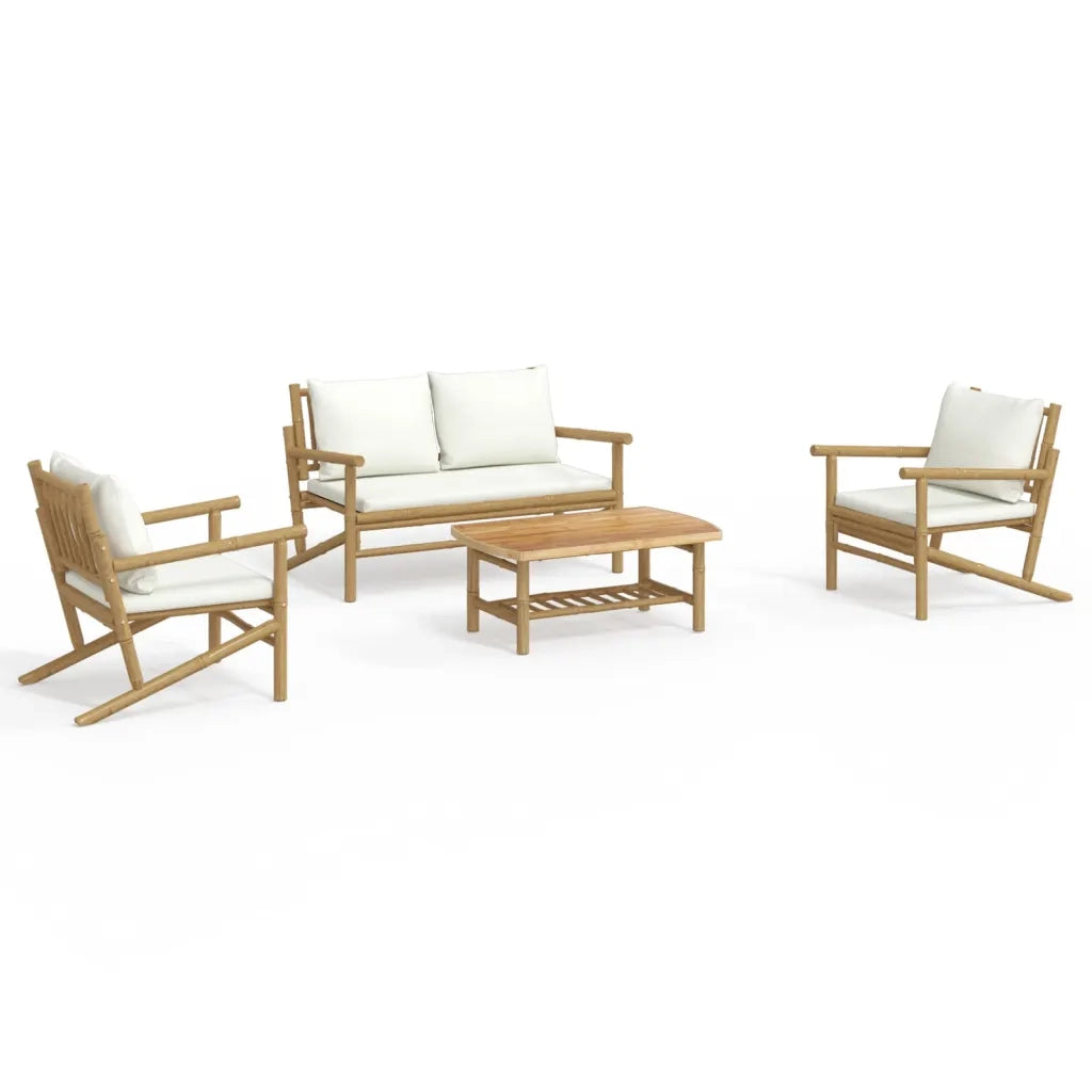 Set Salotto da Giardino 4pz con Cuscini Bianco Crema in Bambù 3156471