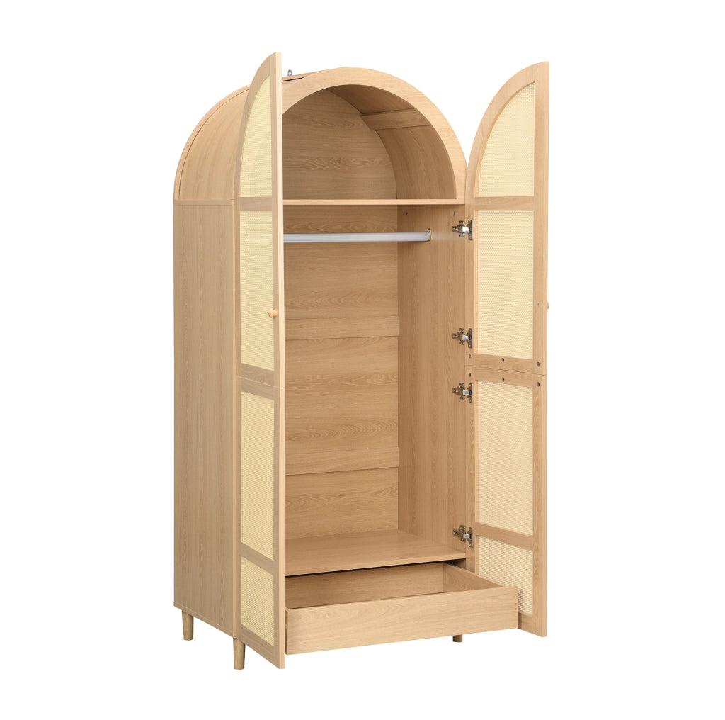 Armadio 80x50x179 cm con asta appendiabiti e cassetti; ante in rattan; gambe in legno; MDF e truciolare naturale