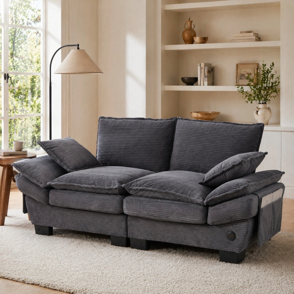 Divano 2 posti in tessuto corduroy grigio scuro; 190x73x84 cm; con porta USB-C e tasche laterali