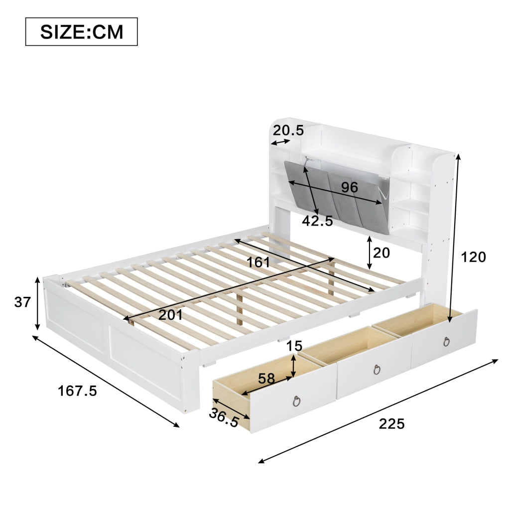 Letto con cassetti 2 posti con 3 cassetti, ripiani aperti e vano con anta ribalta, 160 × 200 cm, senza materasso