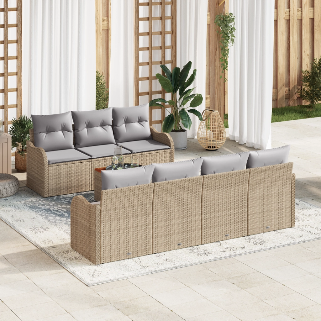 Set Divano da Giardino 8 Pezzi con Cuscini Beige Polyrattan Acacia