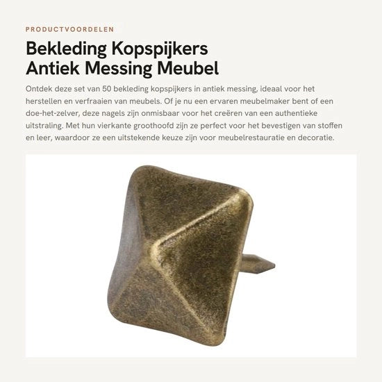 Kopspijkers in Antico Rame - 50 pezzi - Grandi Viti - Rivestimenti di Mobili - 19mm x 20mm - Punte Affilate - Spighe per Mobili