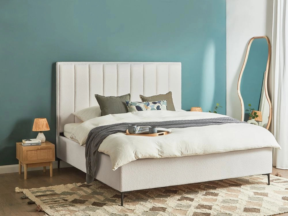 Letto Matrimoniale con Contenitore in tessuto bouclè bianco sporco 180 x 200 cm gambe in metallo Nero