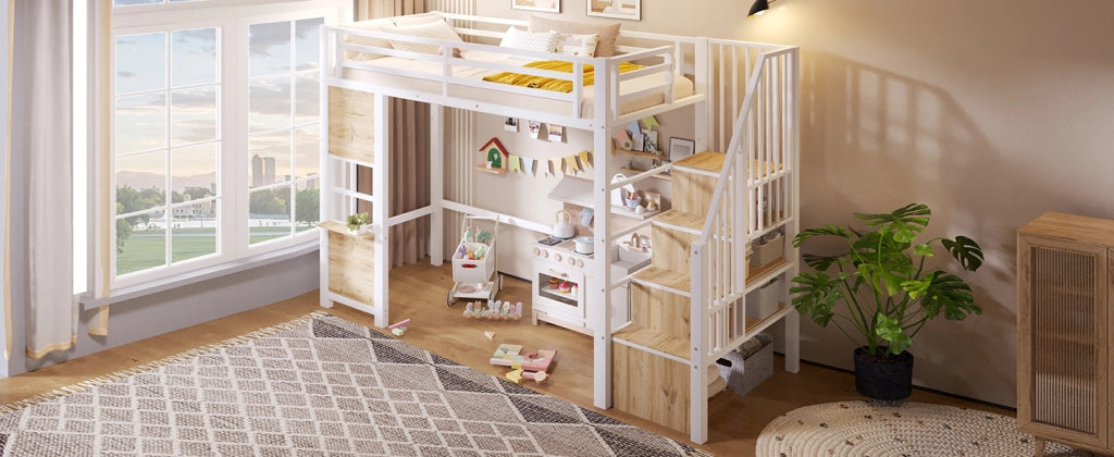 Letto a soppalco 90 × 200 cm con scala contenitore, vano aperto inferiore, barriera di sicurezza, senza materasso, bianco