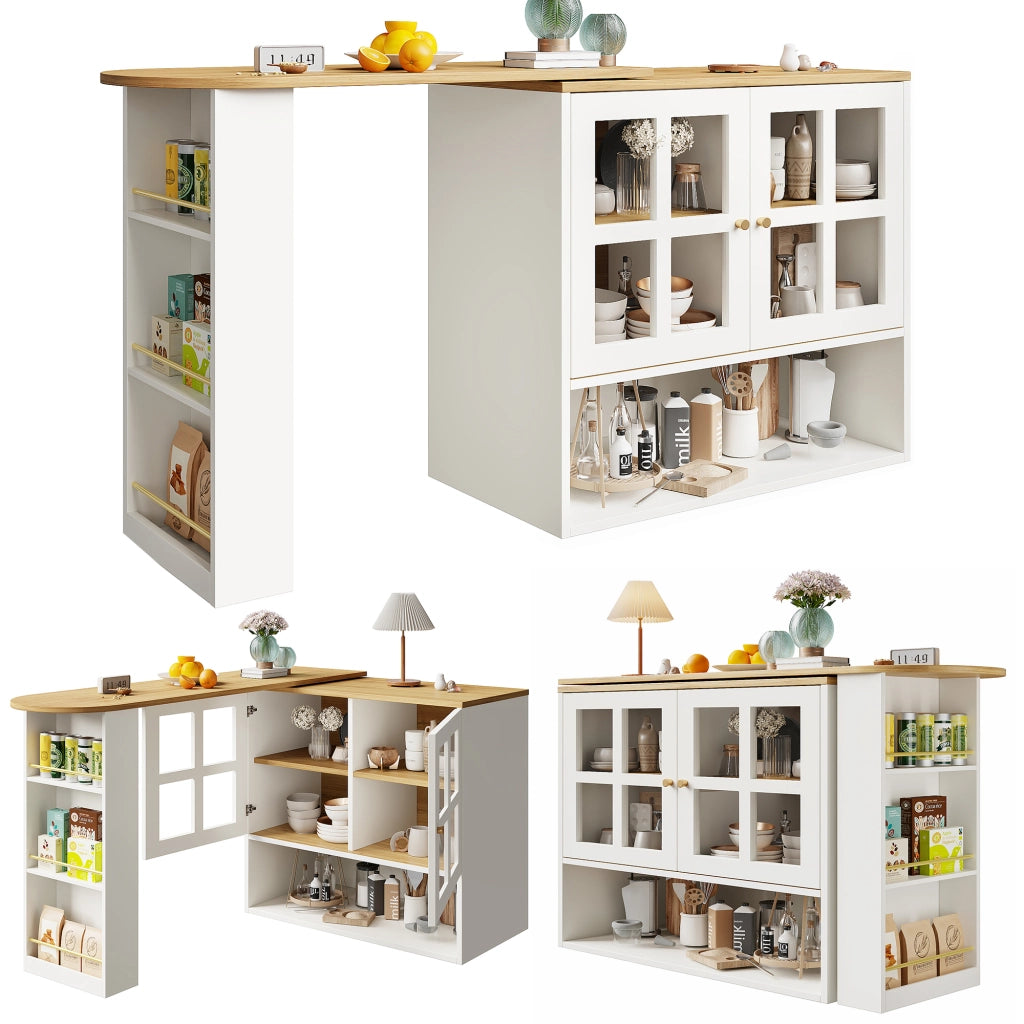 Mobile Bar con 2 Ante in Vetro; 5 Ripiani; Estensibile e Girevole a 360°; per Cucina Soggiorno; MDF; 138-204 x 39 x 102;5 cm; Bianco