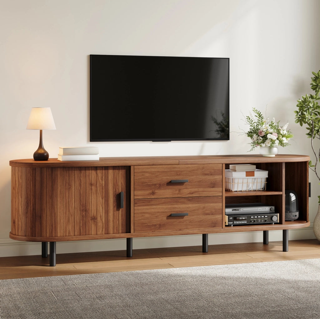 TV lowboard 150x40x55 cm con 2 cassetti e ante scorrevoli; noce; MDF e pannello truciolare