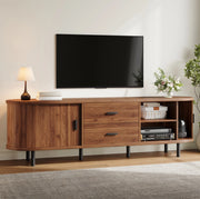 TV lowboard 150x40x55 cm con 2 cassetti e ante scorrevoli; noce; MDF e pannello truciolare