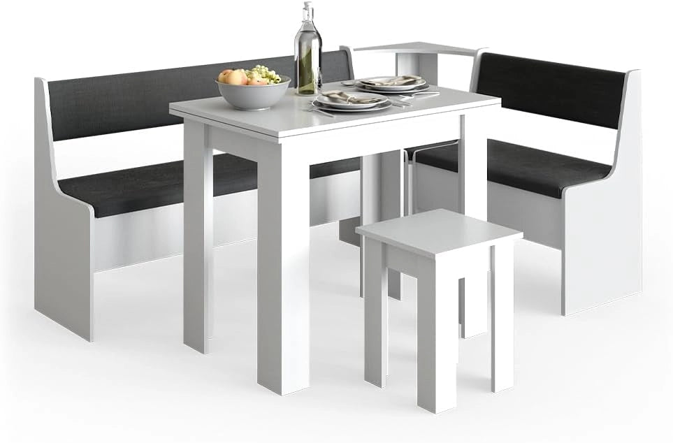 Gruppo panca ad angolo Roman, Bianco, 180 x 120 cm con tavolo, adatto per il posizionamento ad angolo in cucine e sale da pranzo