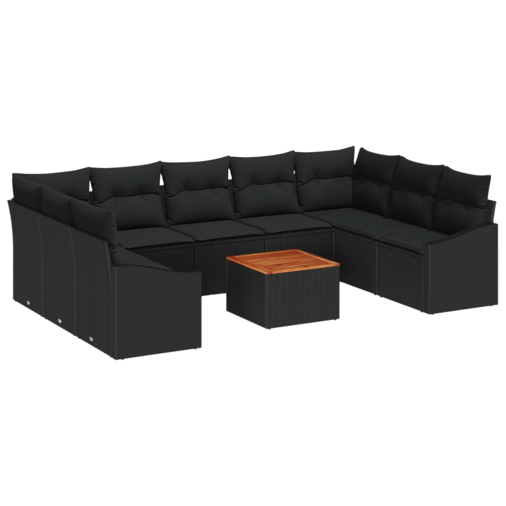 Set di divani da giardino 10 pezzi con cuscini neri in polyrattan e acacia