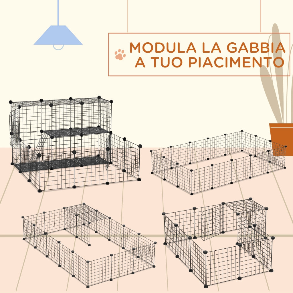 Recinto per Conigli Modulabile con Accessori Montaggio, in Acciaio, 105x105x70cm - Nero