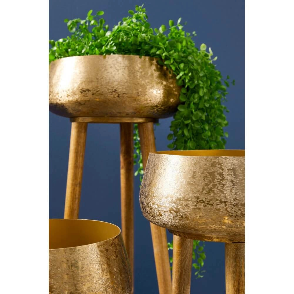 Set di 3 Porta Vaso in Alluminio Martellato Oro con Treppiede in Legno - ROMAN