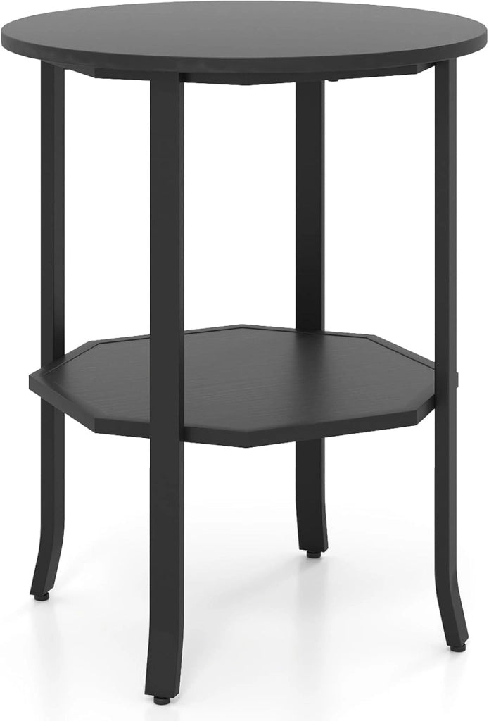 Tavolino Laterale Rotondo a 2 Livelli, Tavolino da Salotto Industriale con Ripiano di Stoccaggio, Struttura in Metallo, Comodino Moderno per Soggiorno e Ufficio, 50 x 50 x 61 cm (Marrone)