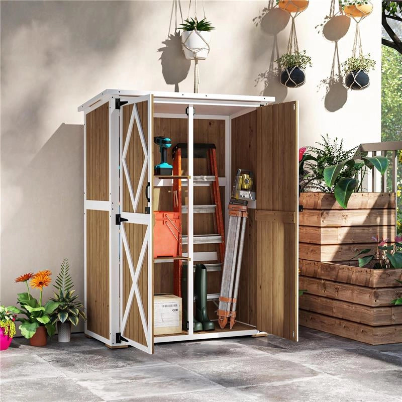 CAPANNO DA GIARDINO IN LEGNO DI ABETE CON 2 RIPIANI E 2 PORTE 116.5X57X159/167 CM MARRONE E BIANCO