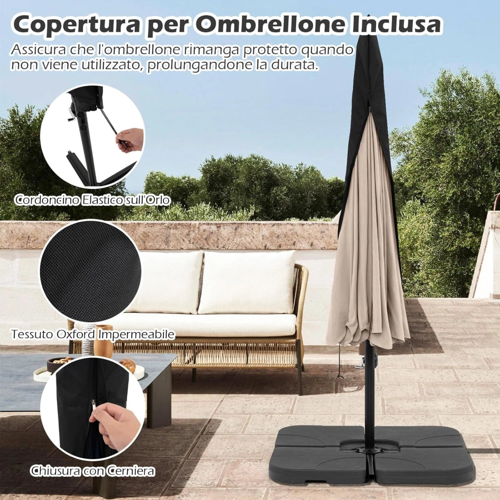 Ombrellone da Giardino 290 cm a Braccio | Inclinazione Regolabile, Manovella, 8 Stecche, Telo Solare, Copertura Inclusa
