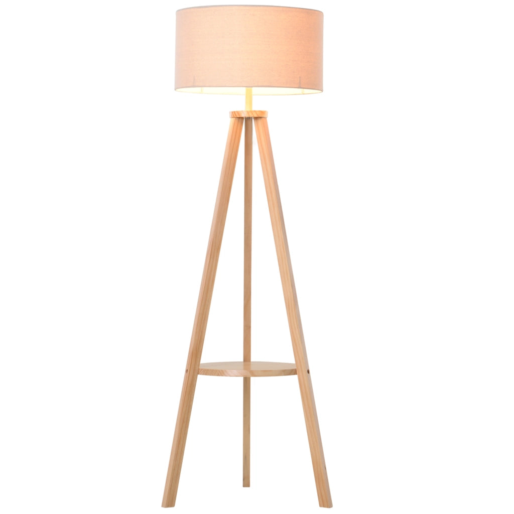 Lampada da terra ¨C zephmum ¨C struttura in legno naturale, paralume in tela beige, ripiano integrato 50x50x154 cm