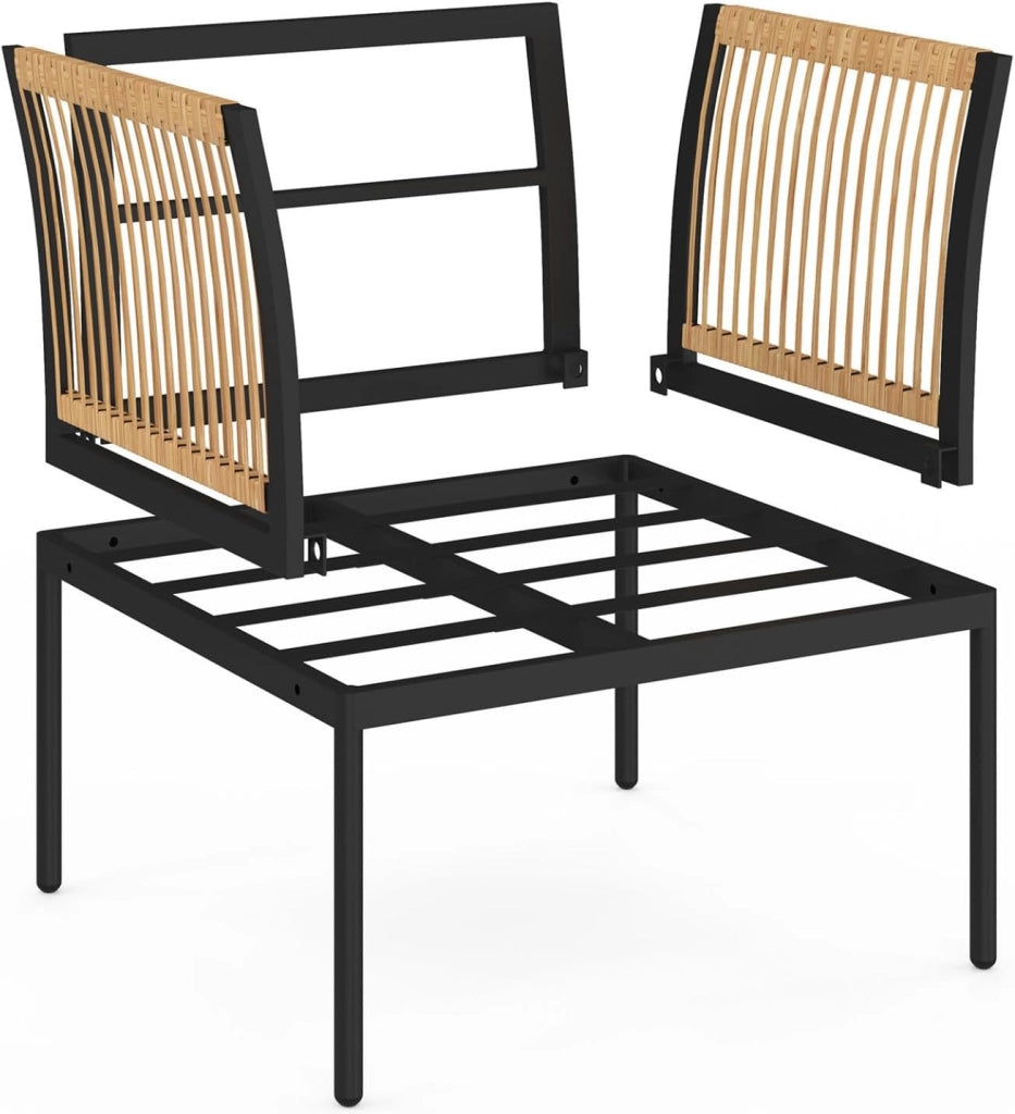 Set di mobili da Giardino modulari Bassi Rio 4 posti Struttura in Metallo Nero, cordame Effetto Rattan Chiaro con Cuscini Neri