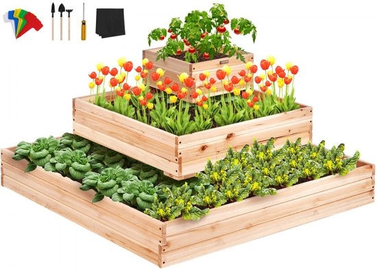 Kit di coltivazione per giardino in legno con cassetta per piante elevata e completa - sistema di drenaggio inclusivo per il piantagione di fiori, verdure e erbe - con kit completo e teli di copertura per semi.