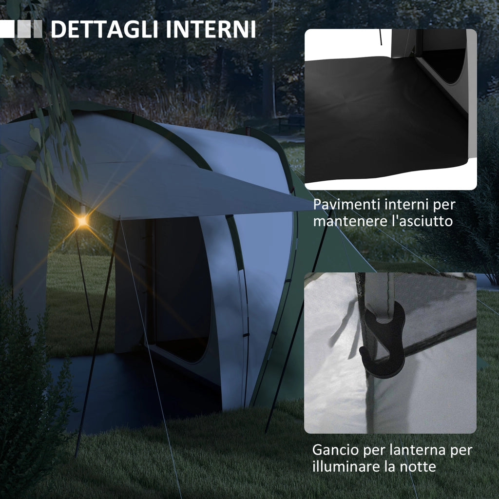 Tenda da Campeggio 555x225x190 cm per 4-6 Persone con 2 Camere Grigio e Verde