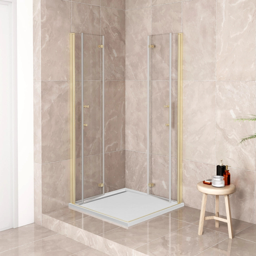 185 cm Box Doccia Angolare 100x100 cm Doppia Porta Battente Pieghevole Vetro Temperato Trasparente 6 mm Anticalcare Telaio Dorato Spazzolato