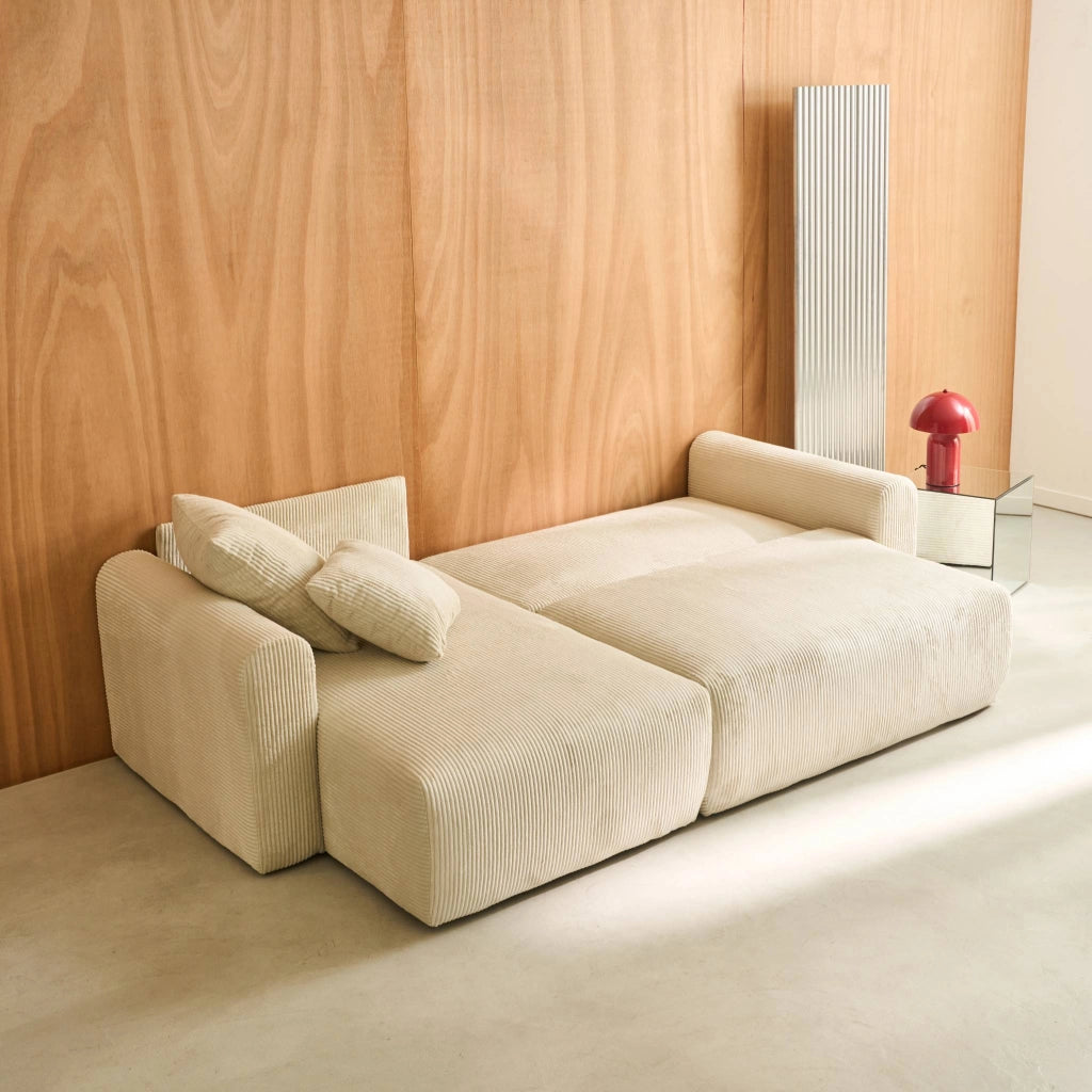 Divano letto angolare reversibile in velluto a coste, 3 posti, beige