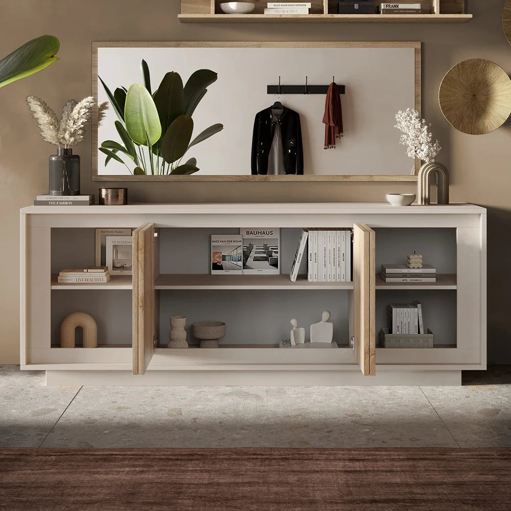 Madia 4 Ante Linea SKY L 207 Cm x H 80 Cm x P 50 Cm, realizzata in legno 100% MADE IN ITALY, design moderno per cucina, sala da pranzo, soggiorno colore Cashmere/Cadiz