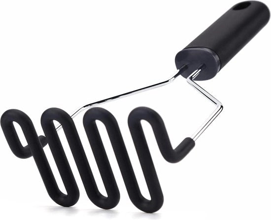 Stampatore di patate in acciaio inox 18/8, con impugnatura di silicone premium, manico morbido, stampatore di patate a mano, purea di verdure e frutta, resistente al lavastoviglie, nero
