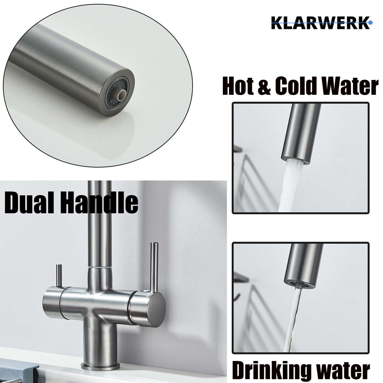 Jana | Raccordo estensibile premium a 3 vie grigio titanio opaco | Rubinetto osmosi da cucina in acciaio inox |. Filtro 3 connessioni ad arco alto