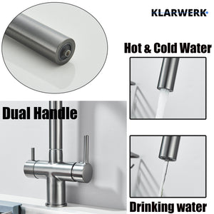 Jana | Raccordo estensibile premium a 3 vie grigio titanio opaco | Rubinetto osmosi da cucina in acciaio inox |. Filtro 3 connessioni ad arco alto