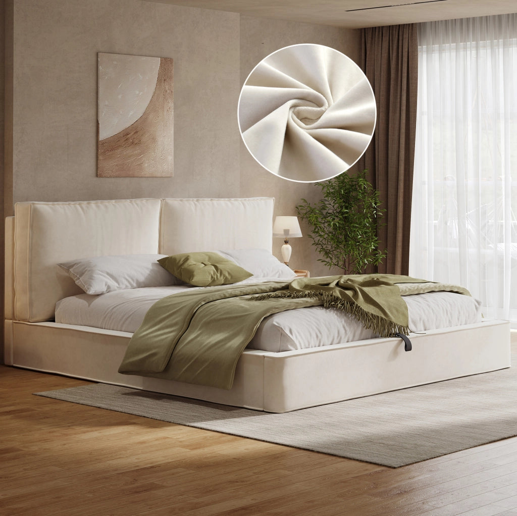 Letto matrimoniale imbottito 180x200 cm con contenitore idraulico; velluto beige; rete inclusa