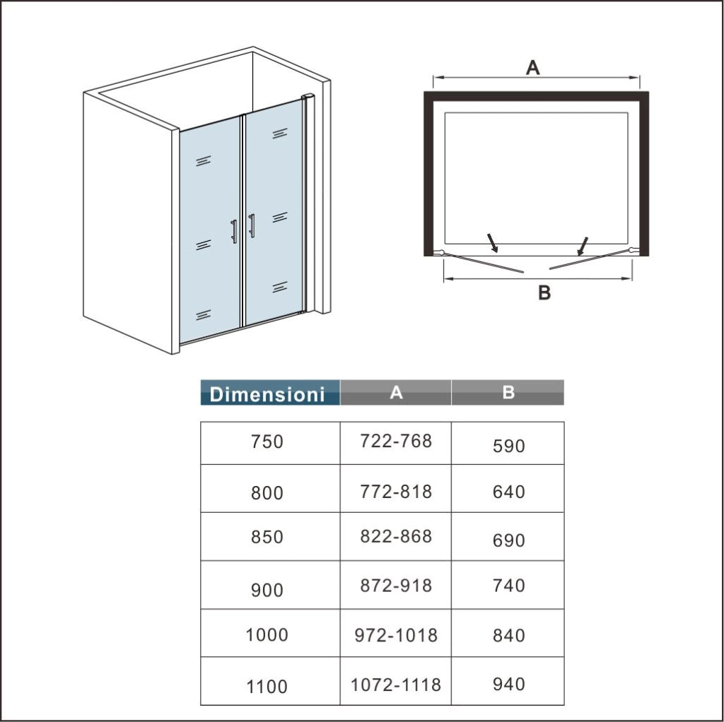 85x195cm Porta Doccia Per Nicchia Doppie Ante Battenti Saloon In Vetro 6mm Temperato Trasparente Anticalcare