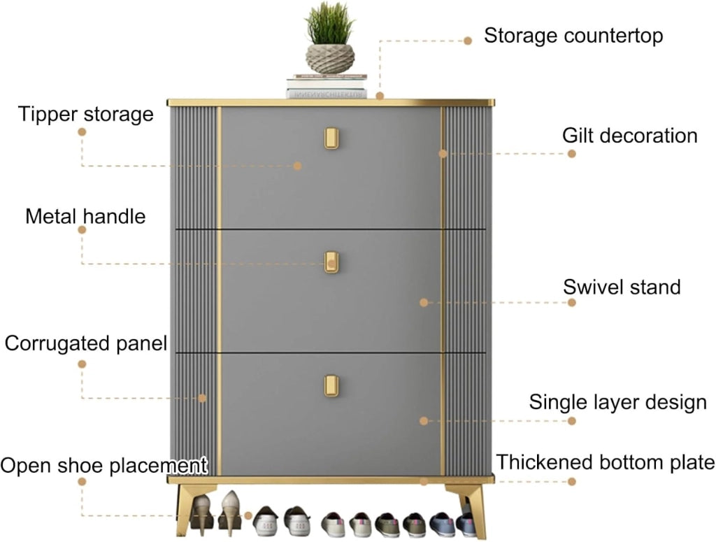 scarpiera Armadietto portascarpe grigio per ingresso | Organizzatore portascarpe autoportante con secchiello ribaltabile con 3 cassetti ribaltabili | Portascarpe stretto per ingresso da 70 cm/28