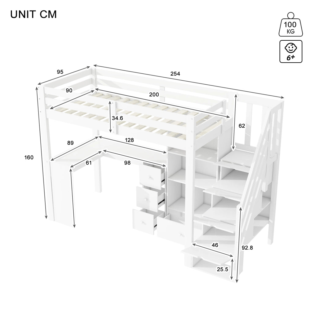 Letto a castello bianco in pino con scrivania cassetti scaffali aperti e scala integrata 90x200 cm
