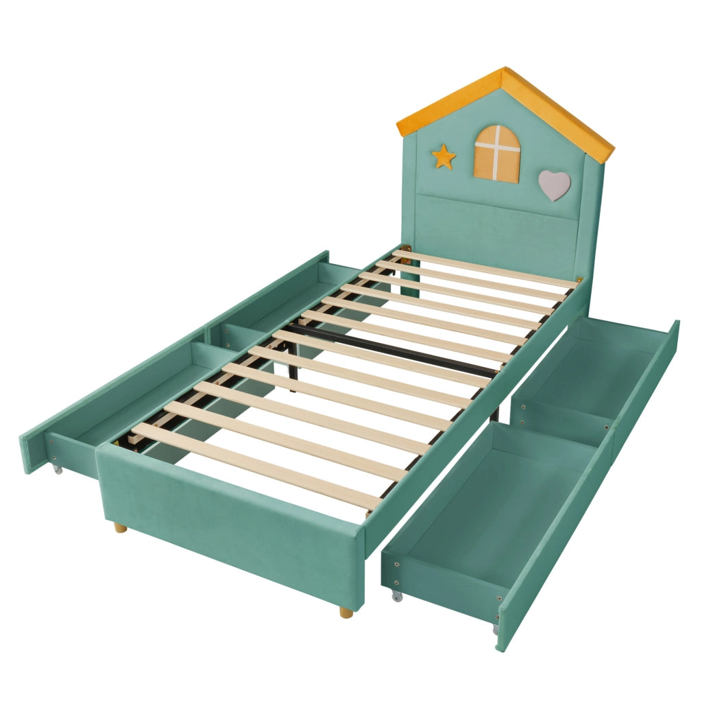 Letto per bambini imbottito a casetta 90x200 cm in velluto blu verde con 4 cassetti