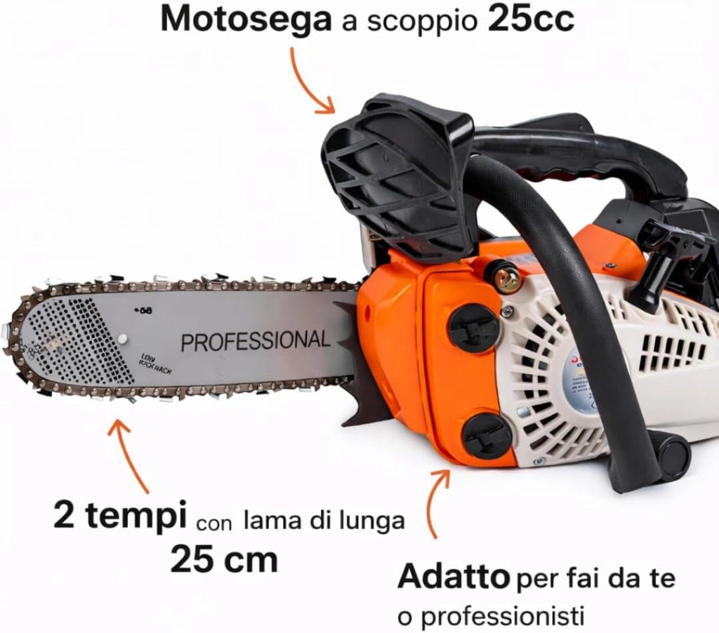 Motosega a Scoppio 25cc 2 Tempi Professionale, Lama 25 cm per Potatura e Taglio Legno, Mini Motosega Benzina Compatta, Kit Montaggio Incluso, Ideale per Fai da Te e Professionisti