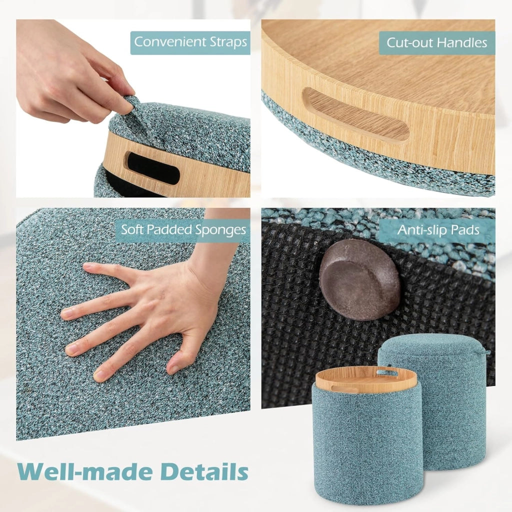 Set di 2 pouf con vano portaoggetti, sgabello rotondo con vassoio/coperchio reversibile, pouf imbottito in tessuto, poggiapiedi con manici laterali, sgabello multifunzione blu cielo