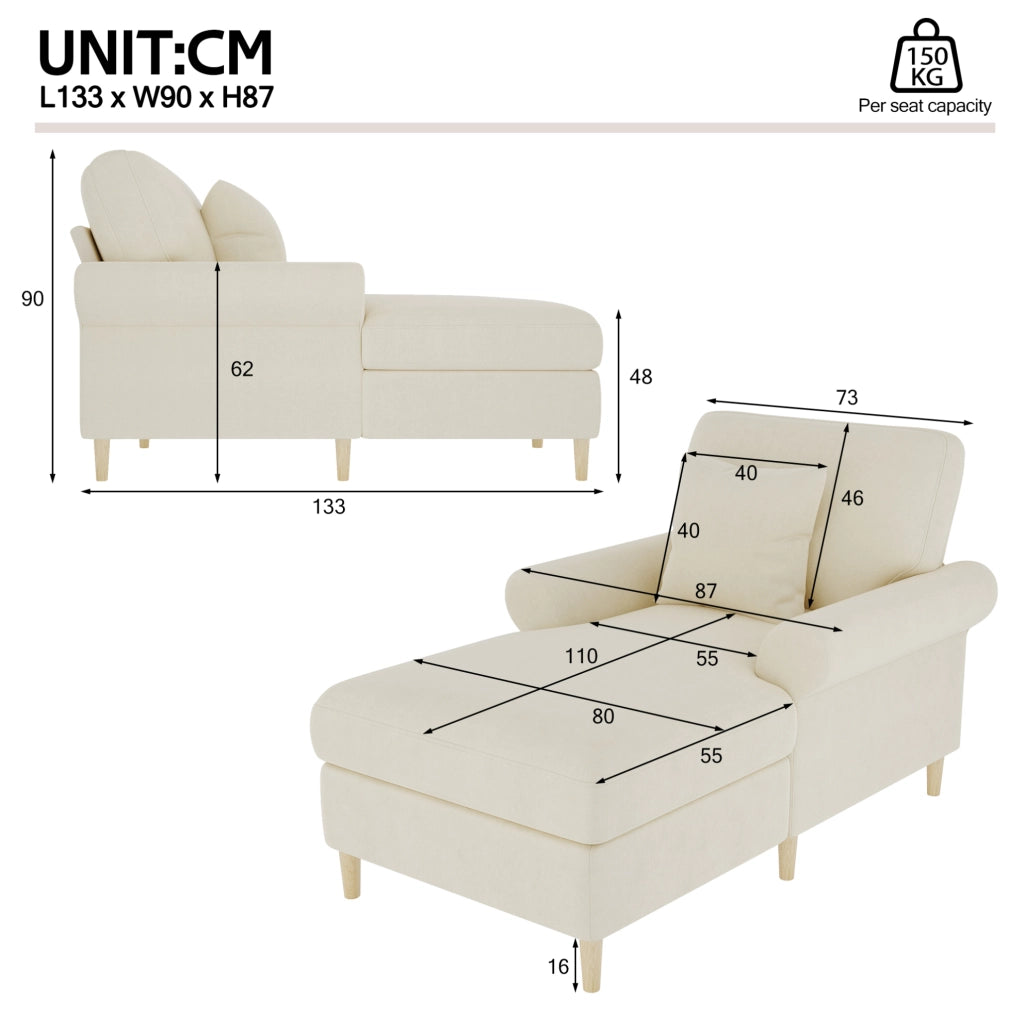 Chaise longue 133x90x87 cm in velluto beige con cuscino