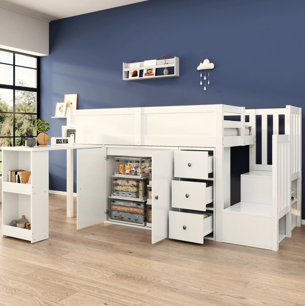 Letto a castello per bambini 90x200 cm in MDF bianco con scrivania estraibile e contenitore