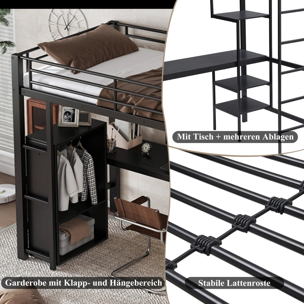 DESMIU Letto a soppalco singolo con scrivania, armadio, 3 ripiani e scala a 5 gradini 90 × 200 cm senza materasso nero