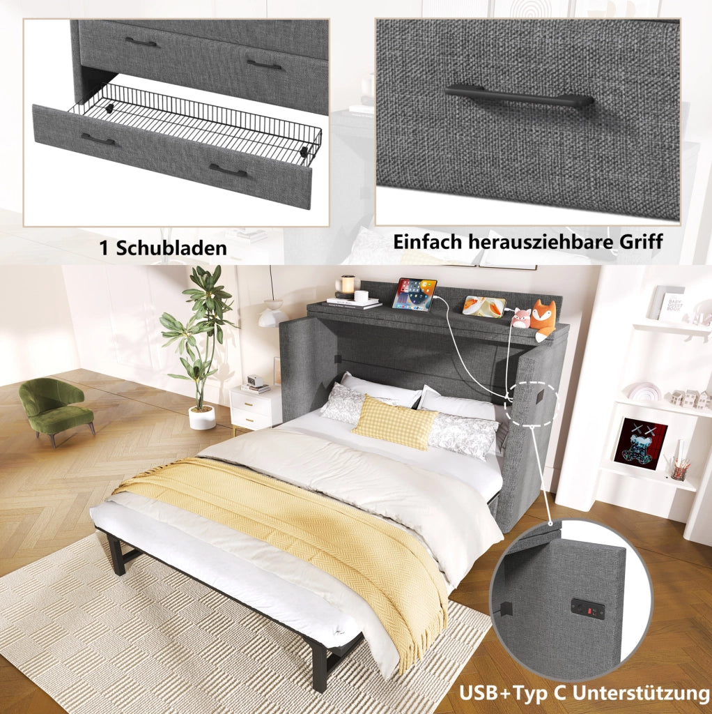 Letto a scomparsa 140x200 cm grigio in lino con cassetto USB-C