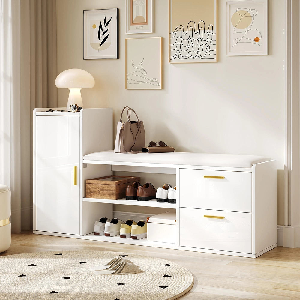 Panchina porta scarpe 128x30x68 cm - Xylo - 2 cassetti, seduta imbottita, per ingresso e ufficio, bianco