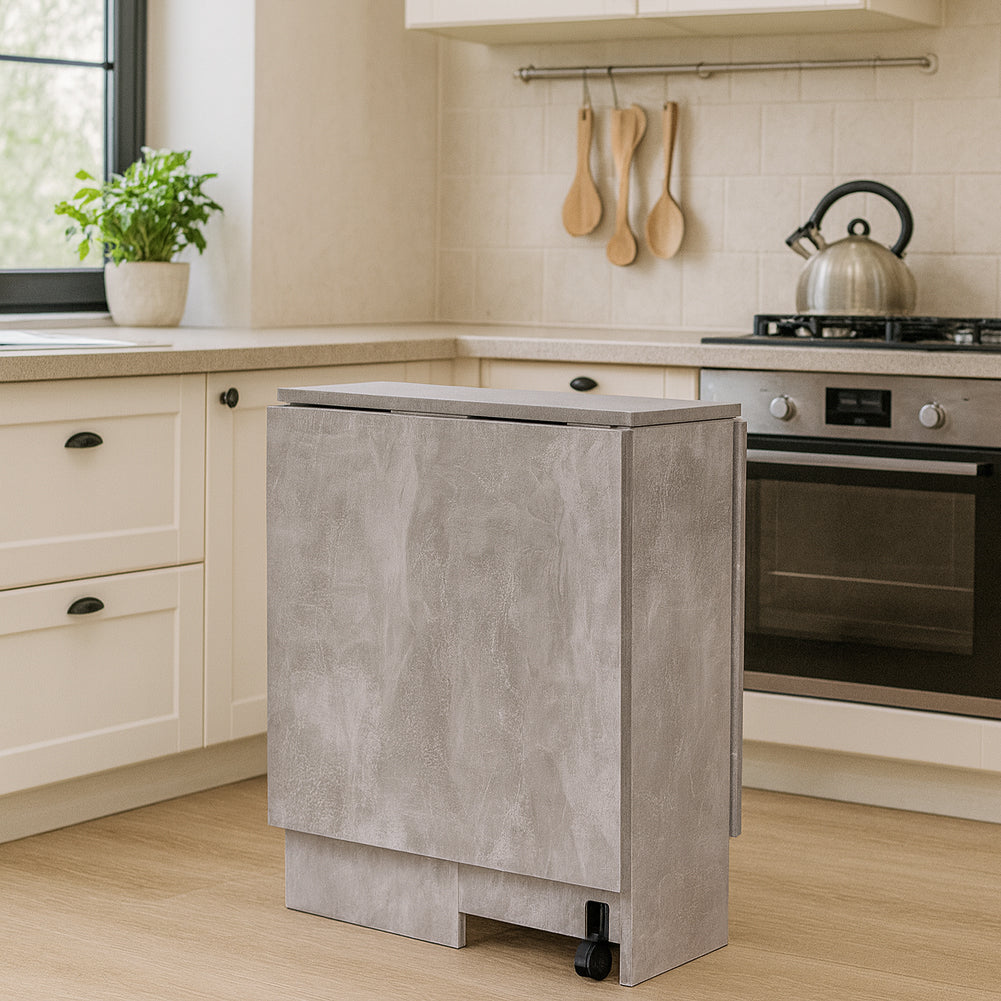 Tavolo da Pranzo Pieghevole Salvaspazio 140x75x74 cm Ante a Ribalta con Ruote Effetto Cemento