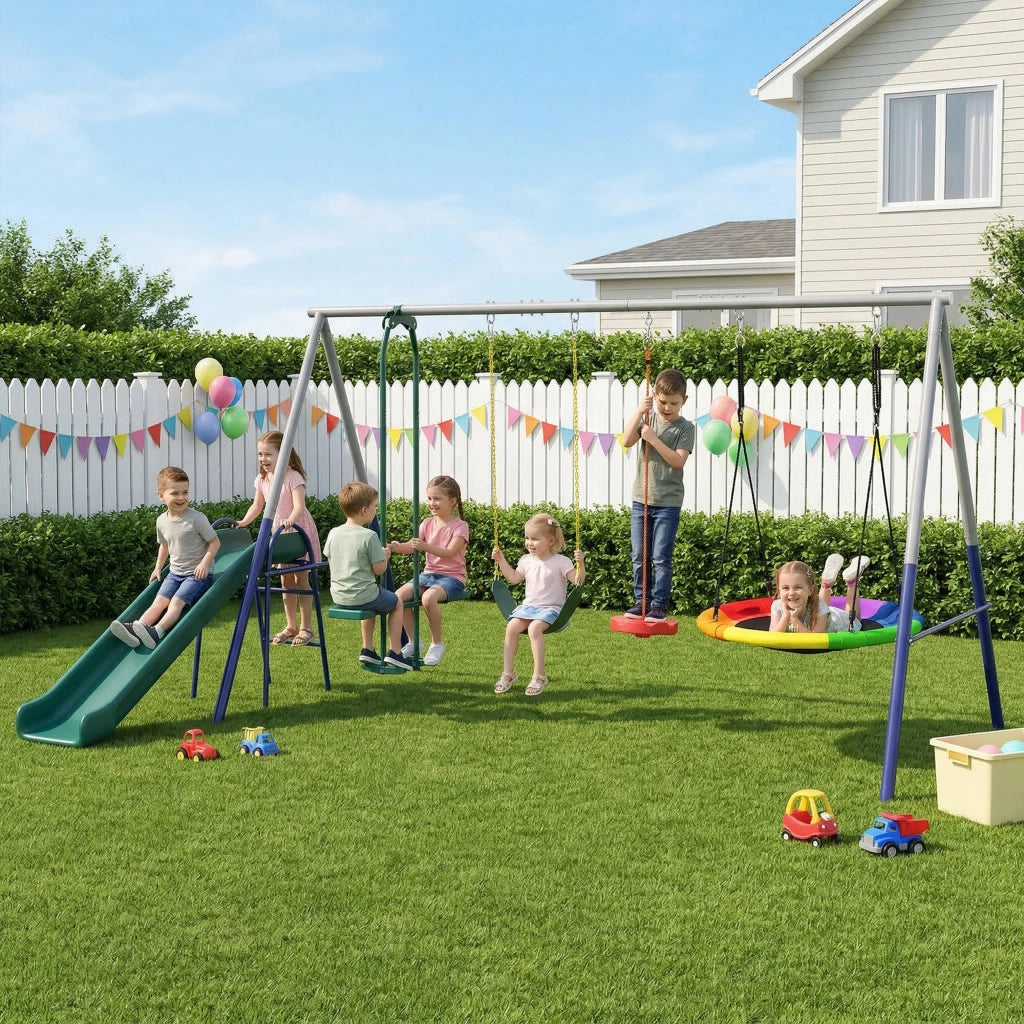 Altalena 5 in 1 con Scivolo e Altalena Nido ¨C zephmum ¨C 382x196x203 cm Multicolore