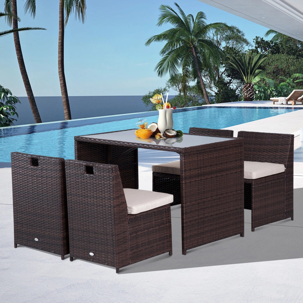 Set salotto da giardino 5 pezzi in polyrattan marrone con cuscini; tavolo e sedie pieghevoli