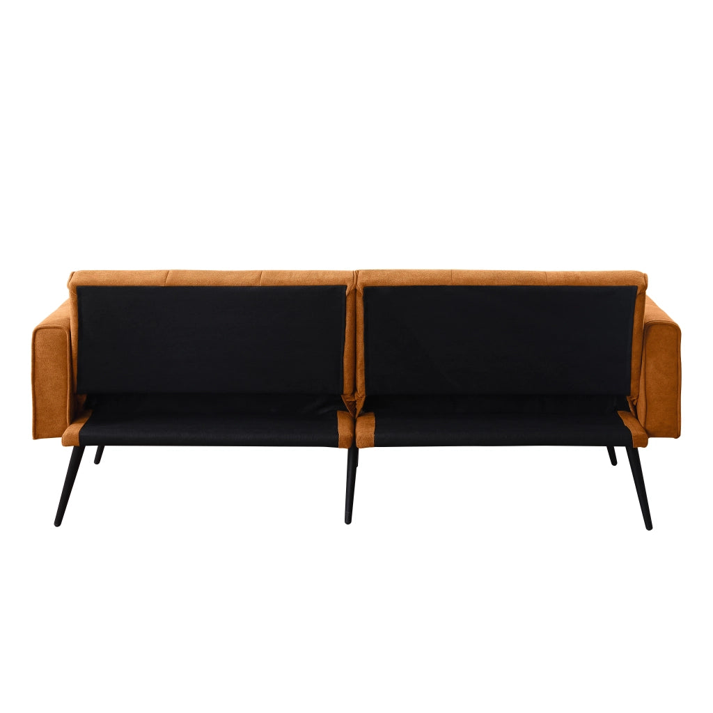 Divano letto futon pieghevole con struttura in legno e piedi in metallo in tessuto a coste arancione per salotto e studio