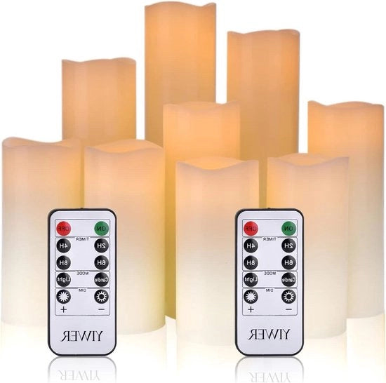 Set di candele LED con fiamma oscillante da 9 candele - candele senza fiamma - alimentate da batterie - candele a cera vera - accensione a distanza e timer - colore avorio