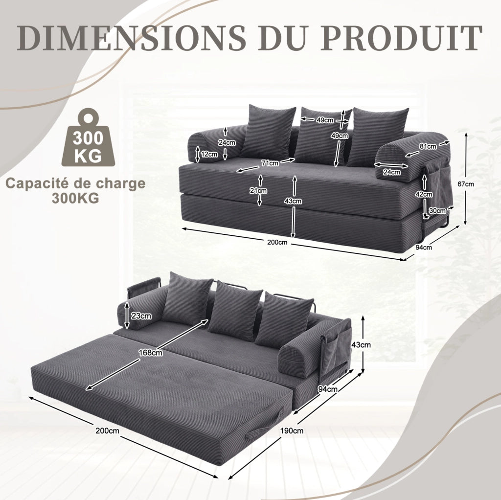 Divano modulare ULEVR 200x94x67 cm in velluto a coste grigio scuro con 3 cuscini e tasca laterale