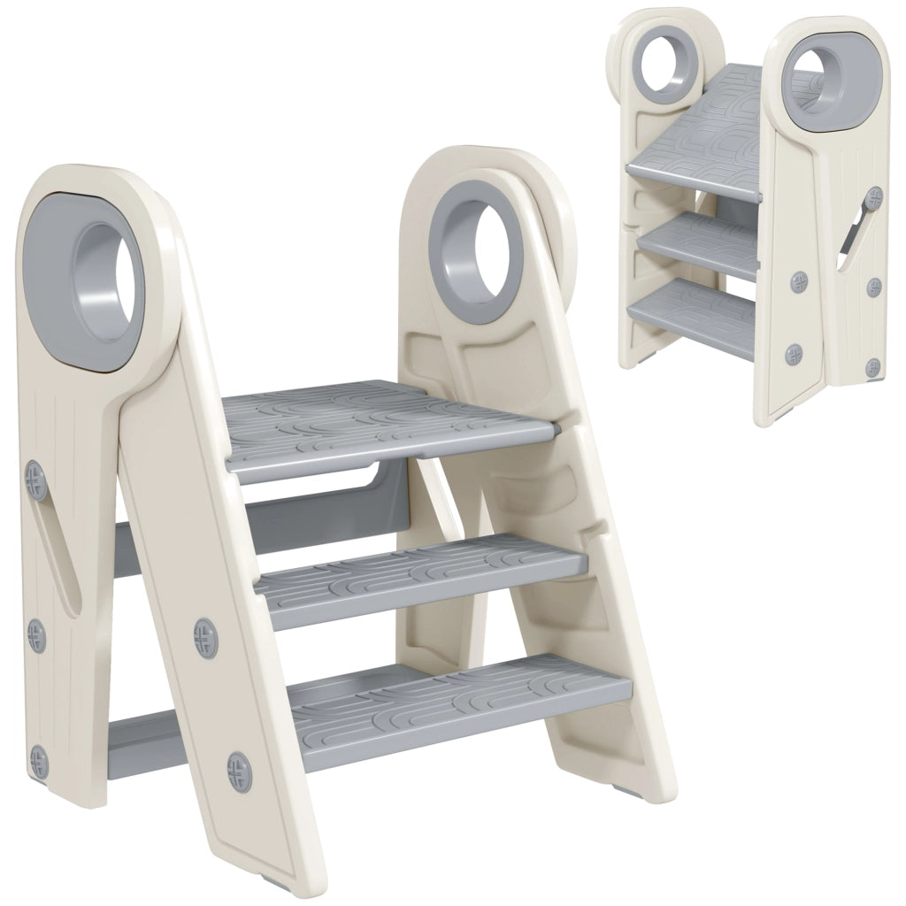 Torre Montessoriana Bambini Pieghevole 46,5x47x61,5 cm a 3 Gradini Regolabili con Maniglia e Superficie Antiscivolo in