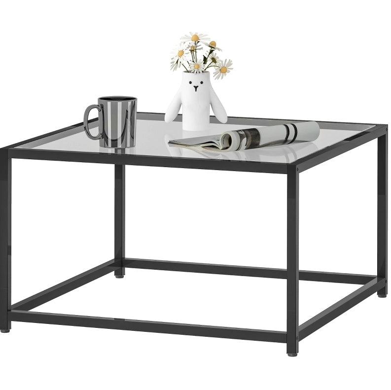 Tavolino da caff¨¨ quadrato 68x68x39 cm con vetro temperato e acciaio nero