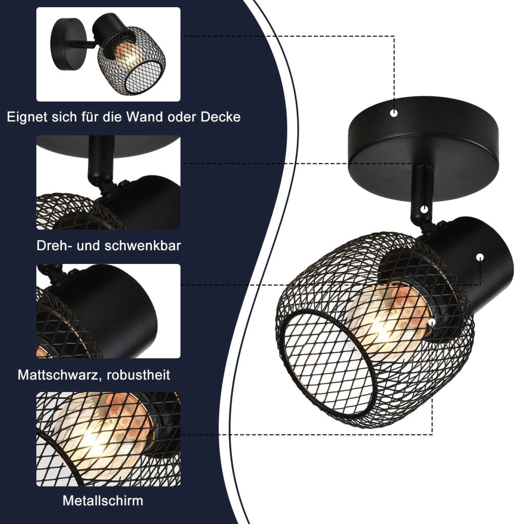 ZMH Faretto da soffitto neri retrò metallo girevoli 330° 40W per cucina cameretta soggiorno camera letto
